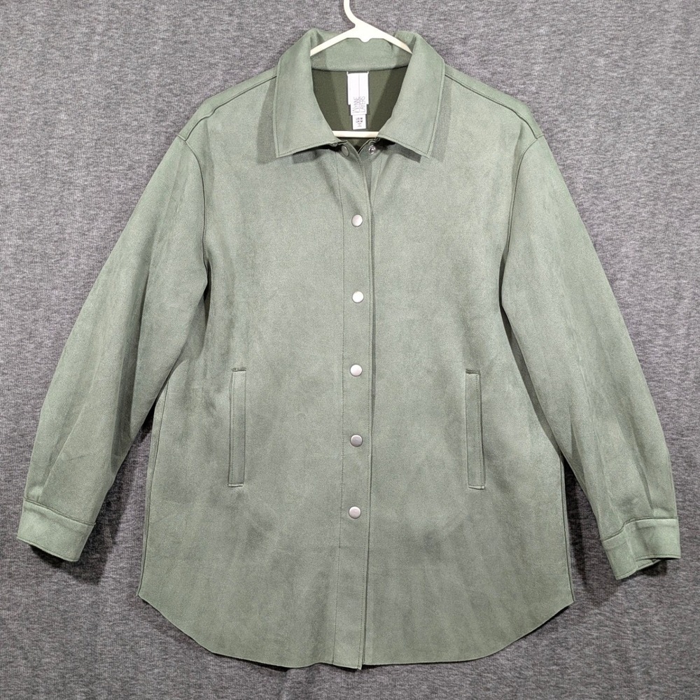 Marla Wynne Layers Womens Top Long Sleeve Full Snap Green Faux Suede Size M